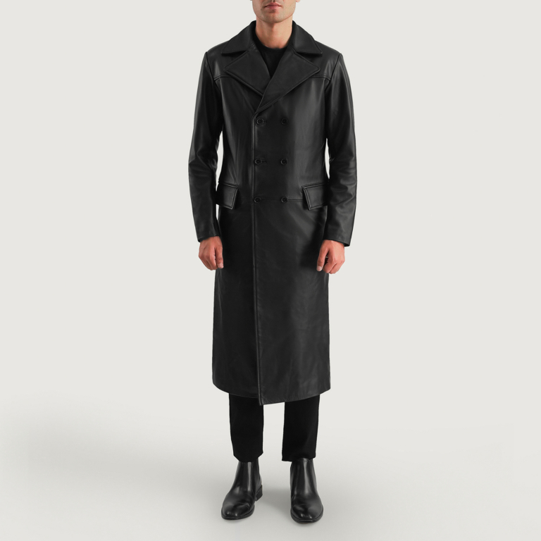 Mens Delmar Black Leather Double Breasted Coat Full Length-2-1700478950616